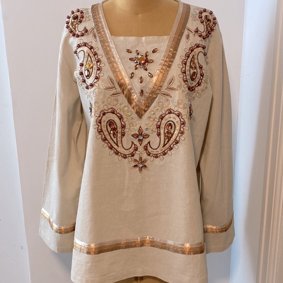 Jewelled Linen Tunic Top XL - Picture 2 of 5